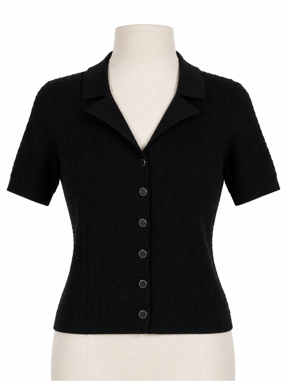 Gaâla Paris Black Short-Sleeve Button Front Knit Top Size 2